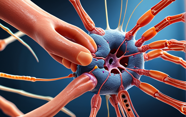 **
A close-up, artistic rendering of nanobots repairing damaged nerve cells in the spinal cord. The scene should convey hope and the potential for restoring mobility. Incorporate a futuristic, yet organic feel.
**