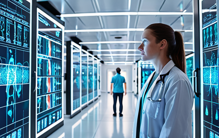 **Precision Health & AI Synergy**: A diverse individual standing in a luminous, futuristic medical facility, with transparent screens displaying their personalized genomic data, detailed molecular structures, and predictive health analytics. Surrounding them, sophisticated AI interfaces visualize complex biological processes, hinting at rapid drug discovery and tailored therapies. The atmosphere is one of hopeful scientific breakthrough, combining human-centric healthcare with cutting-edge artificial intelligence. Emphasize clarity, advanced technology, and data visualization.