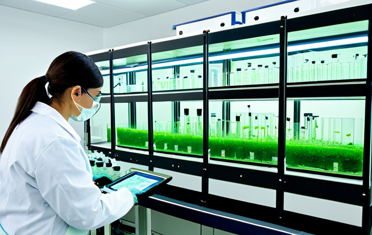Algae Biofuel Research Lab**

"A brightly lit laboratory filled with scientific equipment and researchers in lab coats, focusing on algae cultivation in bioreactors. The scene shows algae being processed into biofuel.  Include beakers, microscopes, and charts displaying data. Safe for work, appropriate content, fully clothed, professional setting, perfect anatomy, correct proportions, natural pose, high quality."

**